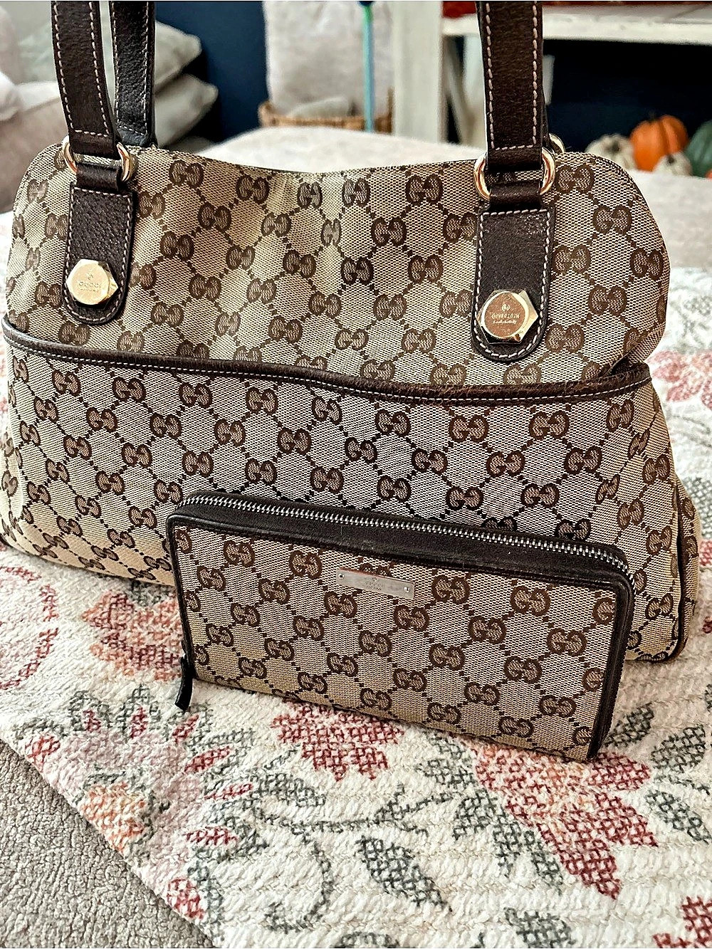 Gucci Abbey Monogram Canvas Tote Bag Brown with Wallet